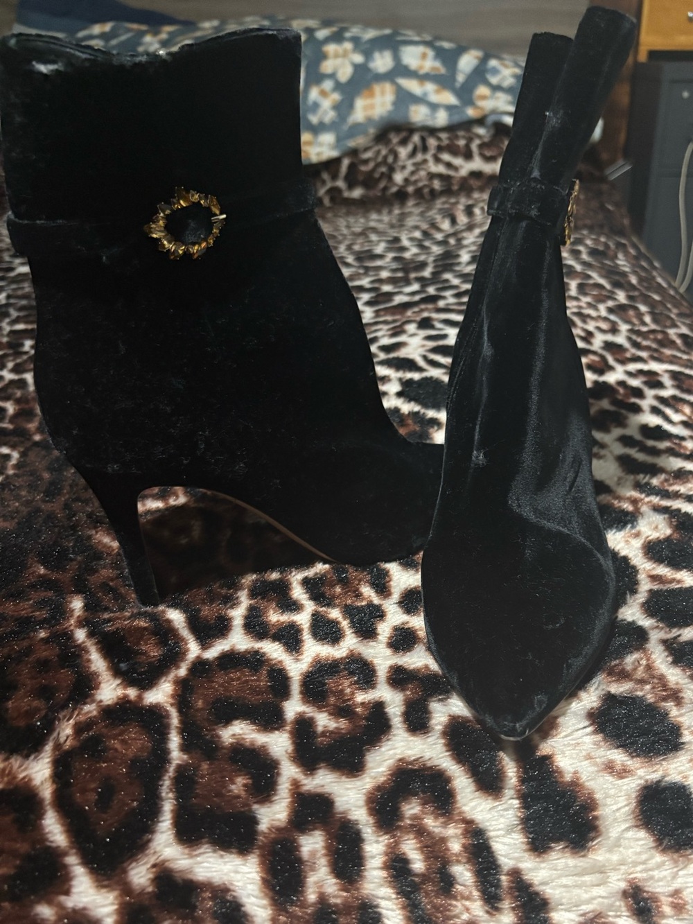 Gianvito Rossi Black Velvet Ankle Boots with Gold Accent
